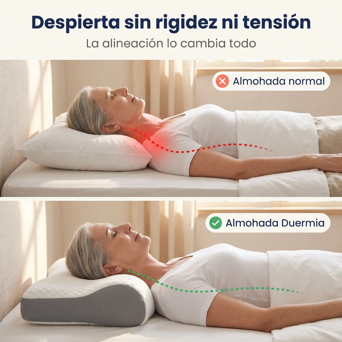 Alineación del cuello con la almohada Duermia frente a una almohada normal