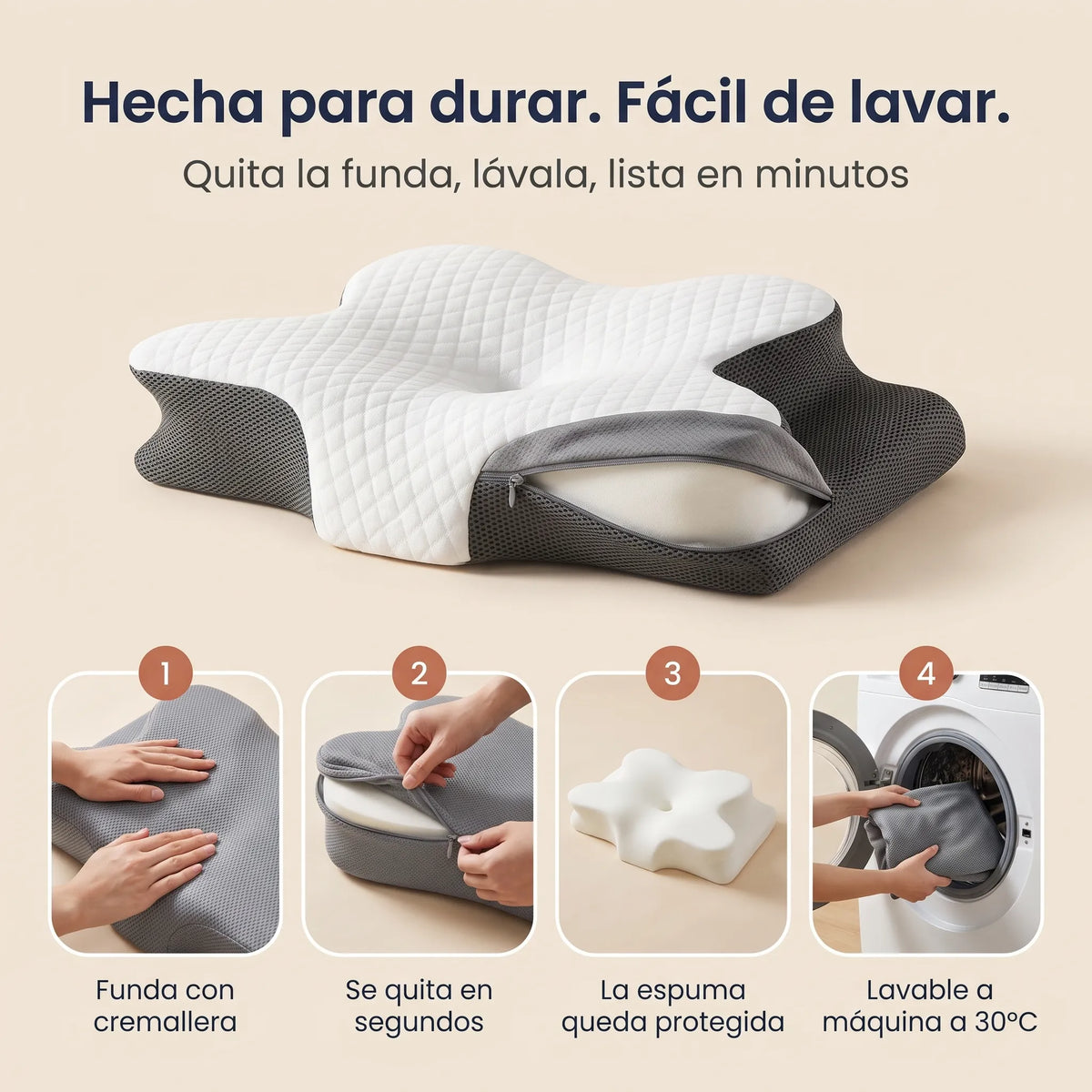 Funda lavable a máquina a 30 grados de la almohada Duermia